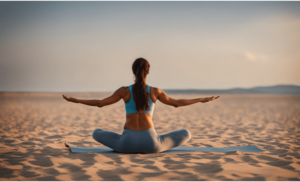 A woman performing yoga on a sandy floor