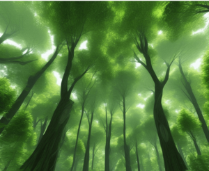 A forest with tall green trees